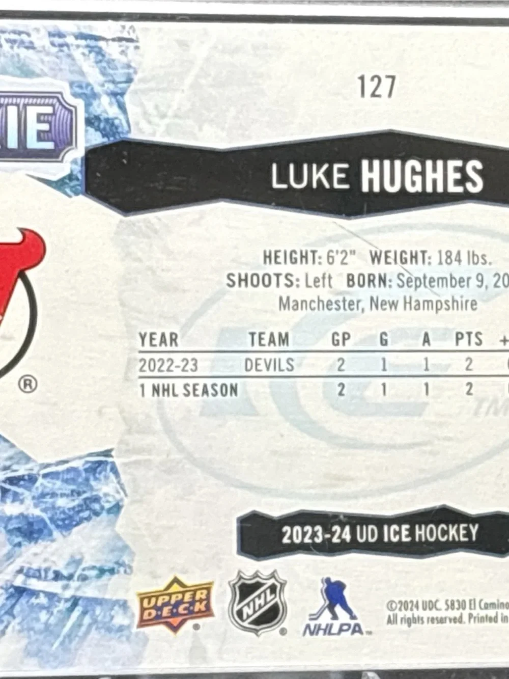 Upper Deck Luke Hughes Rookie NHL Player Trading Card